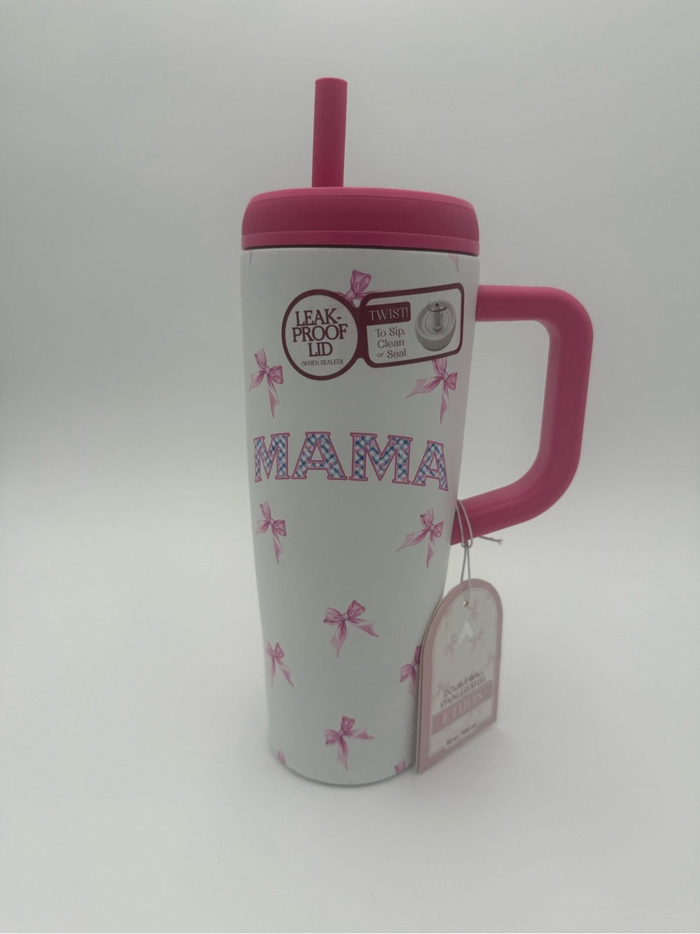 Pink 'MAMA' Insulated Travel Tumbler with Handle and Straw 30oz